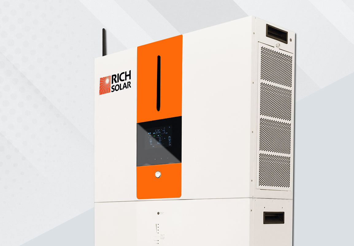 Rich Solar All-in-One Energy Storage System close-up with integrated inverter, charge controller, and battery storage
