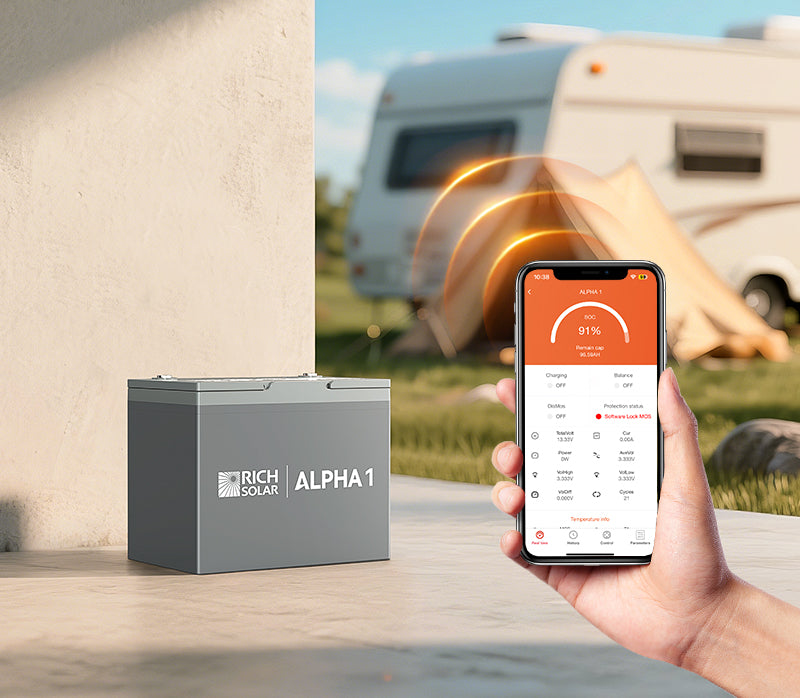 Rich Solar ALPHA 1 Bluetooth battery monitoring for real-time mobile app status