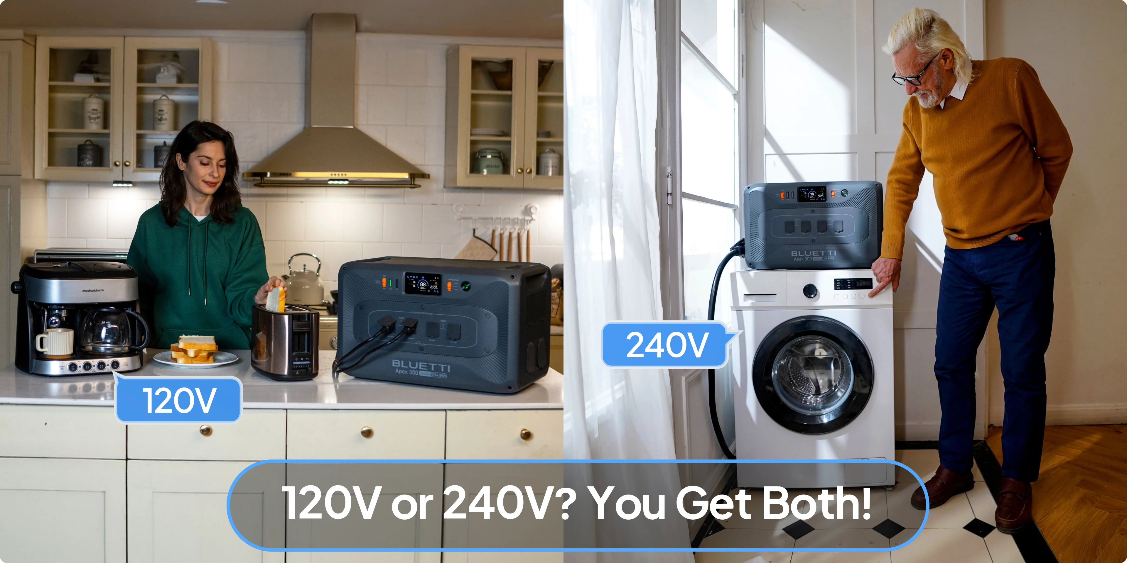 BLUETTI Apex 300 120V and 240V power support