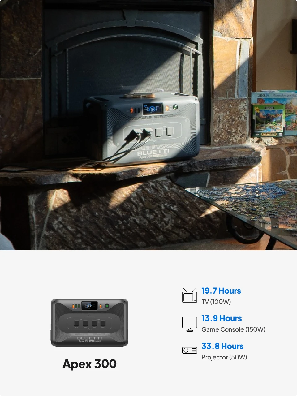 BLUETTI Apex 300 powering living room electronics