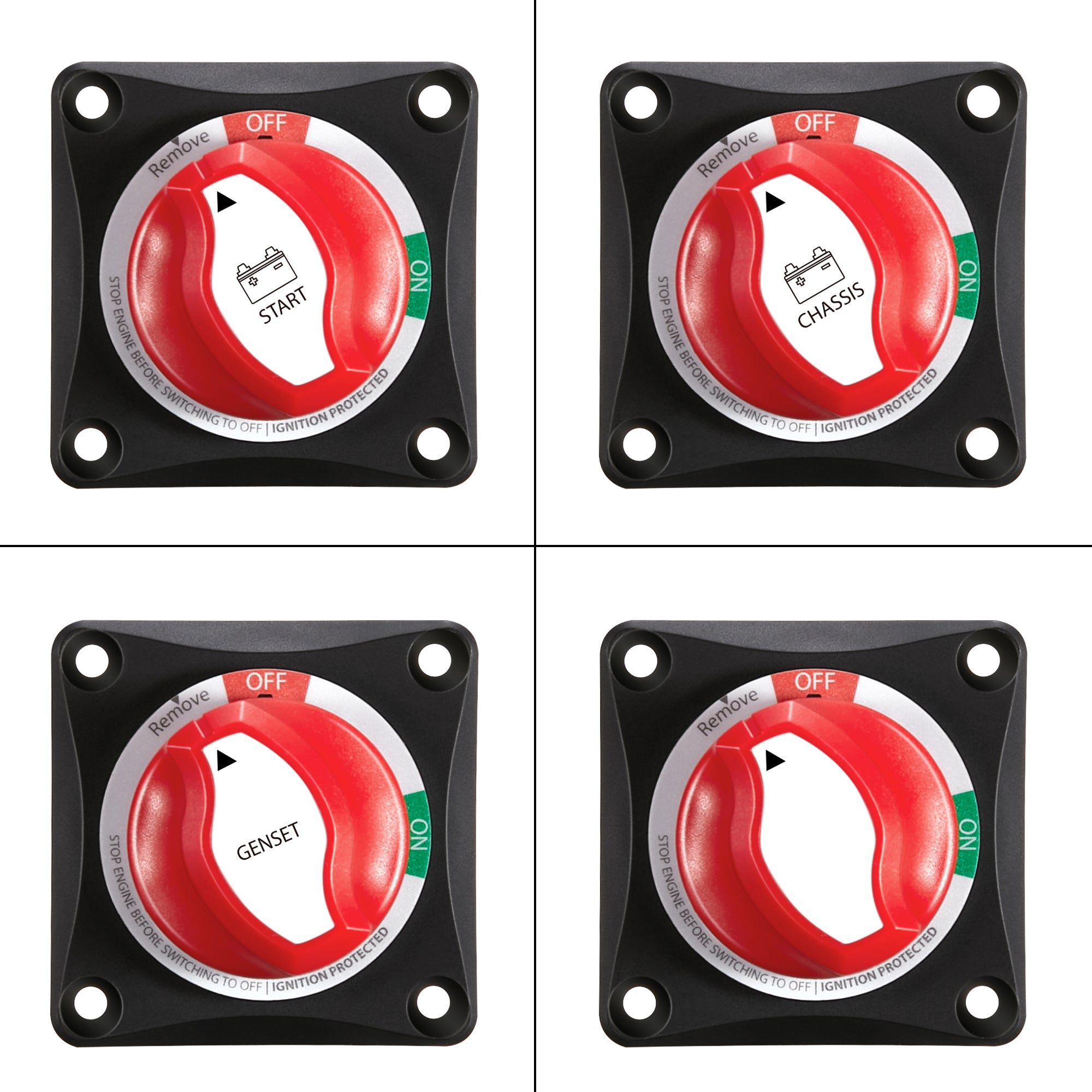 Rich Solar RS-BS275 battery switch shown in multiple knob positions for on off isolation control