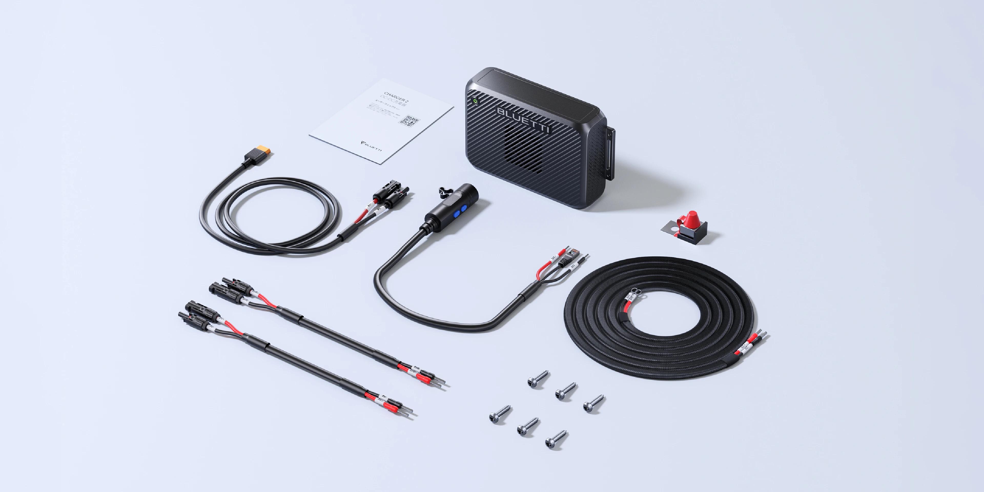 BLUETTI Charger 2 with cables, fuse, screws, manual, and included installation components