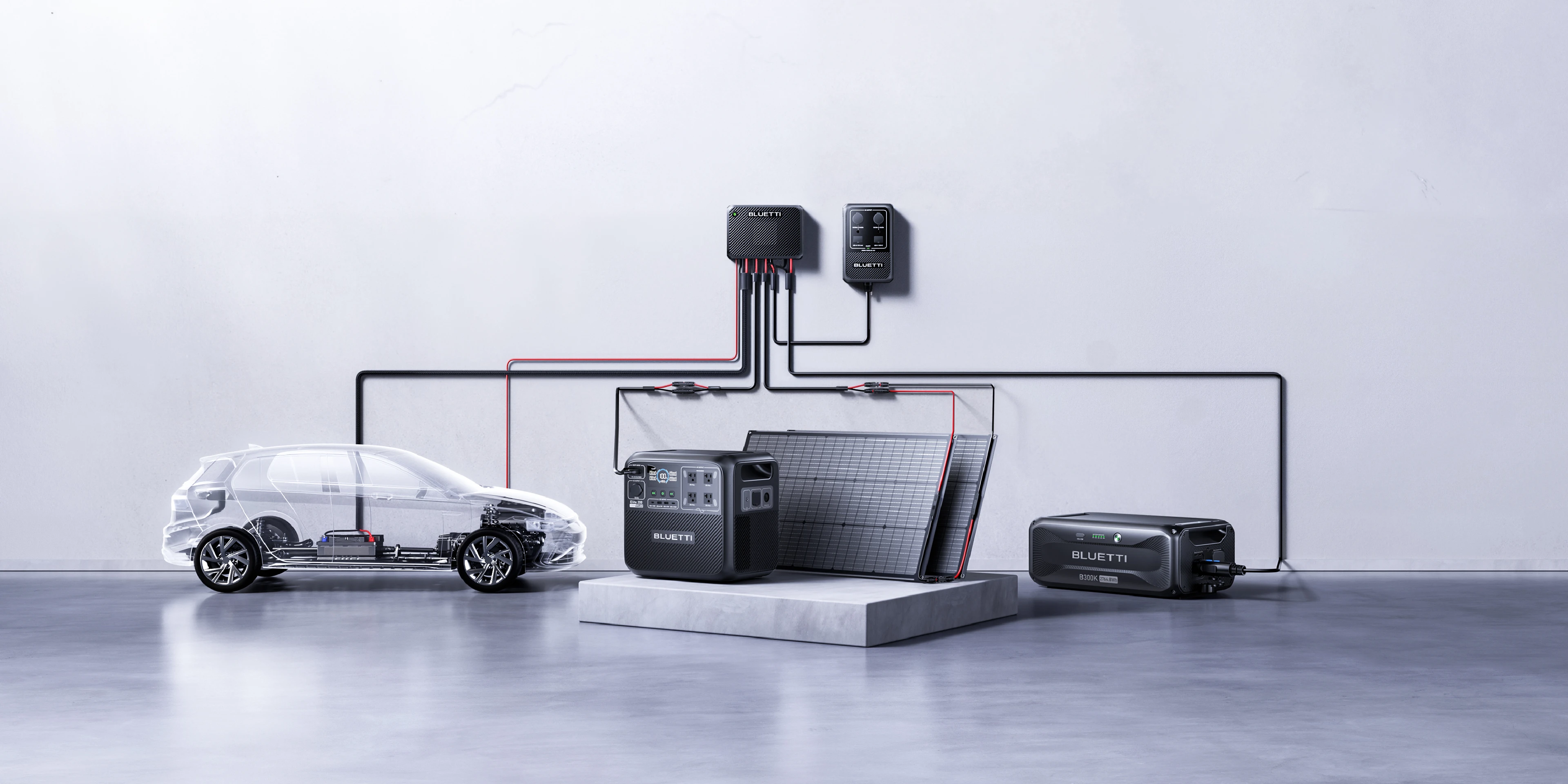 BLUETTI Charger 2 connected to vehicle battery, solar panel, portable power station, and expansion battery