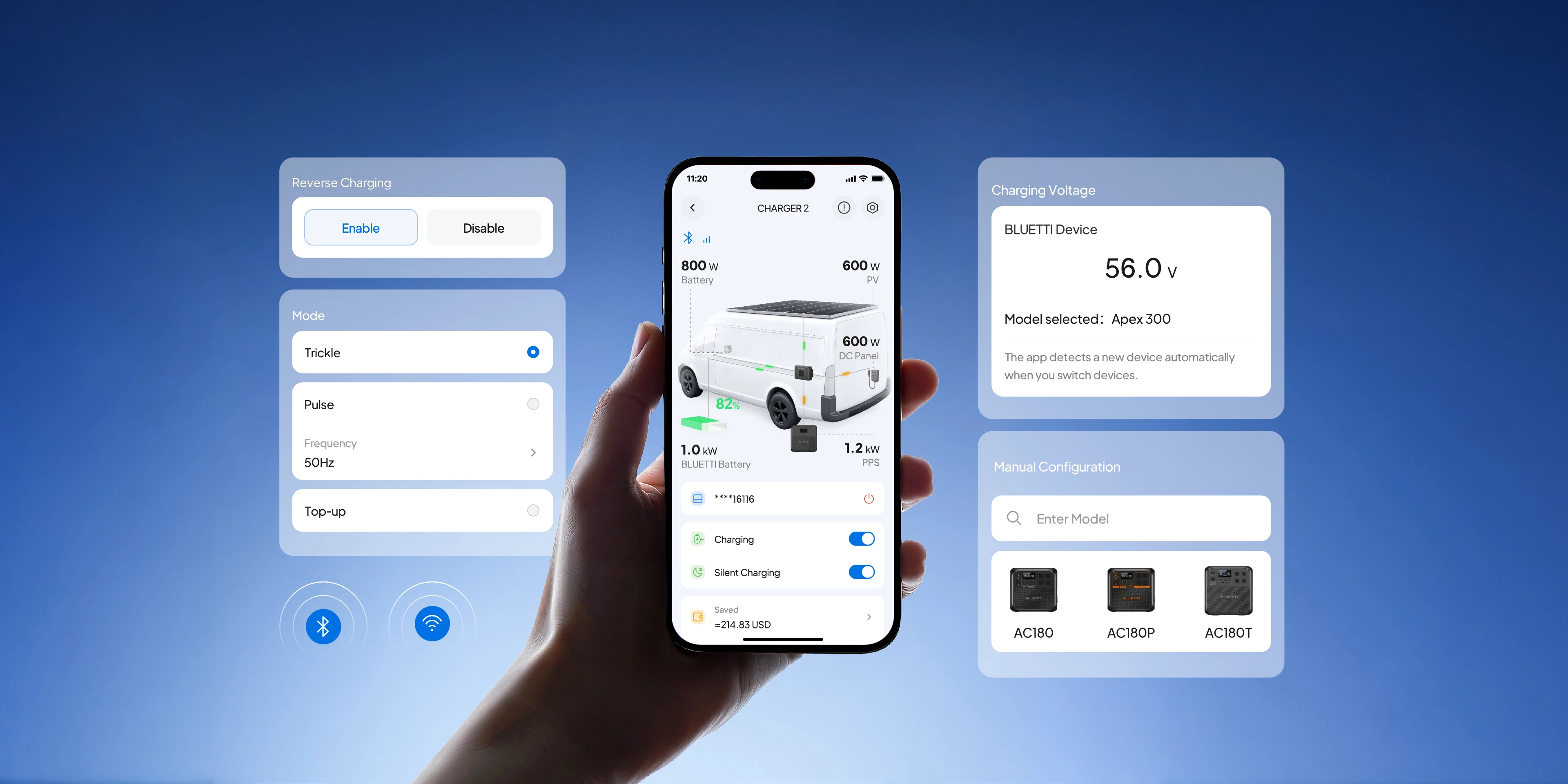 BLUETTI app controls for Charger 2 modes, reverse charging, connected model detection, and system status