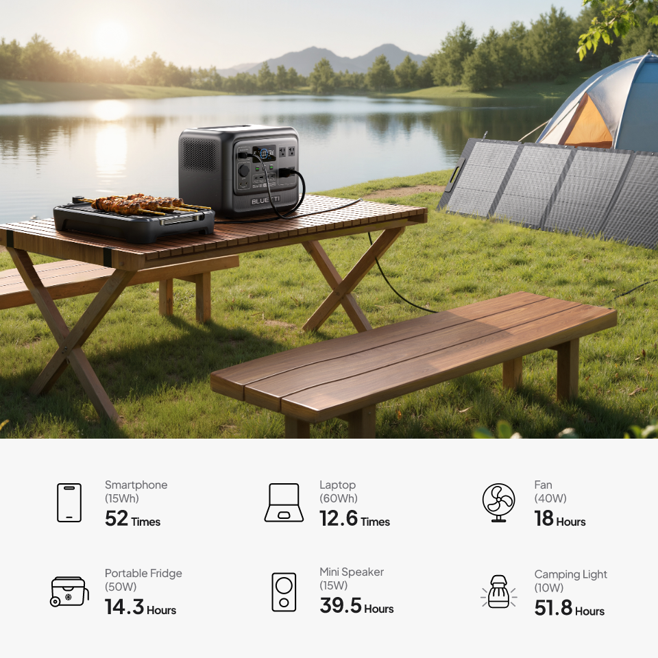 BLUETTI Elite 100 V2 charging from solar panels at a campsite