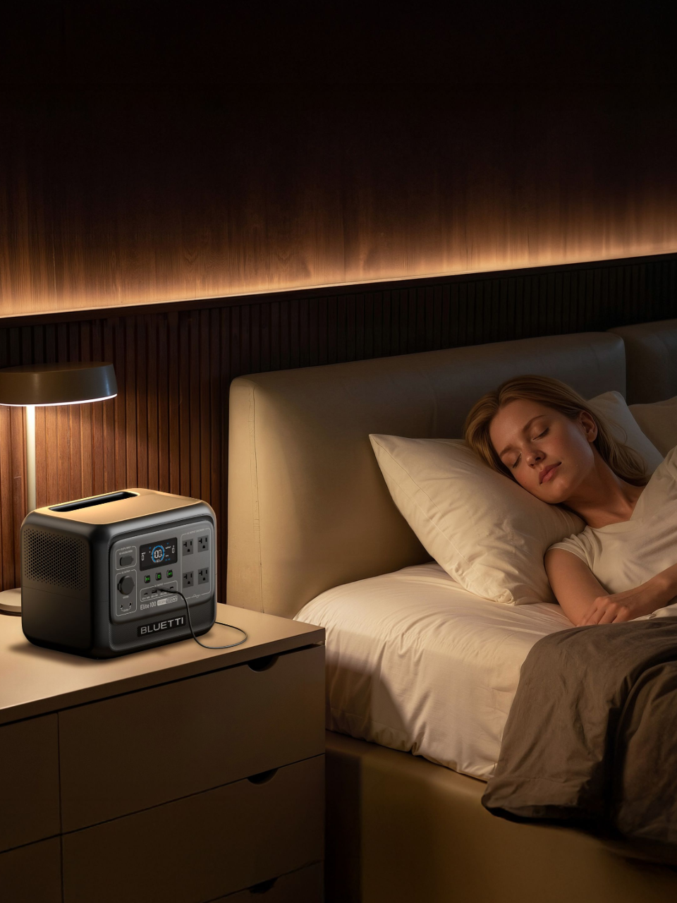 BLUETTI Elite 100 V2 quiet power station used beside a bed