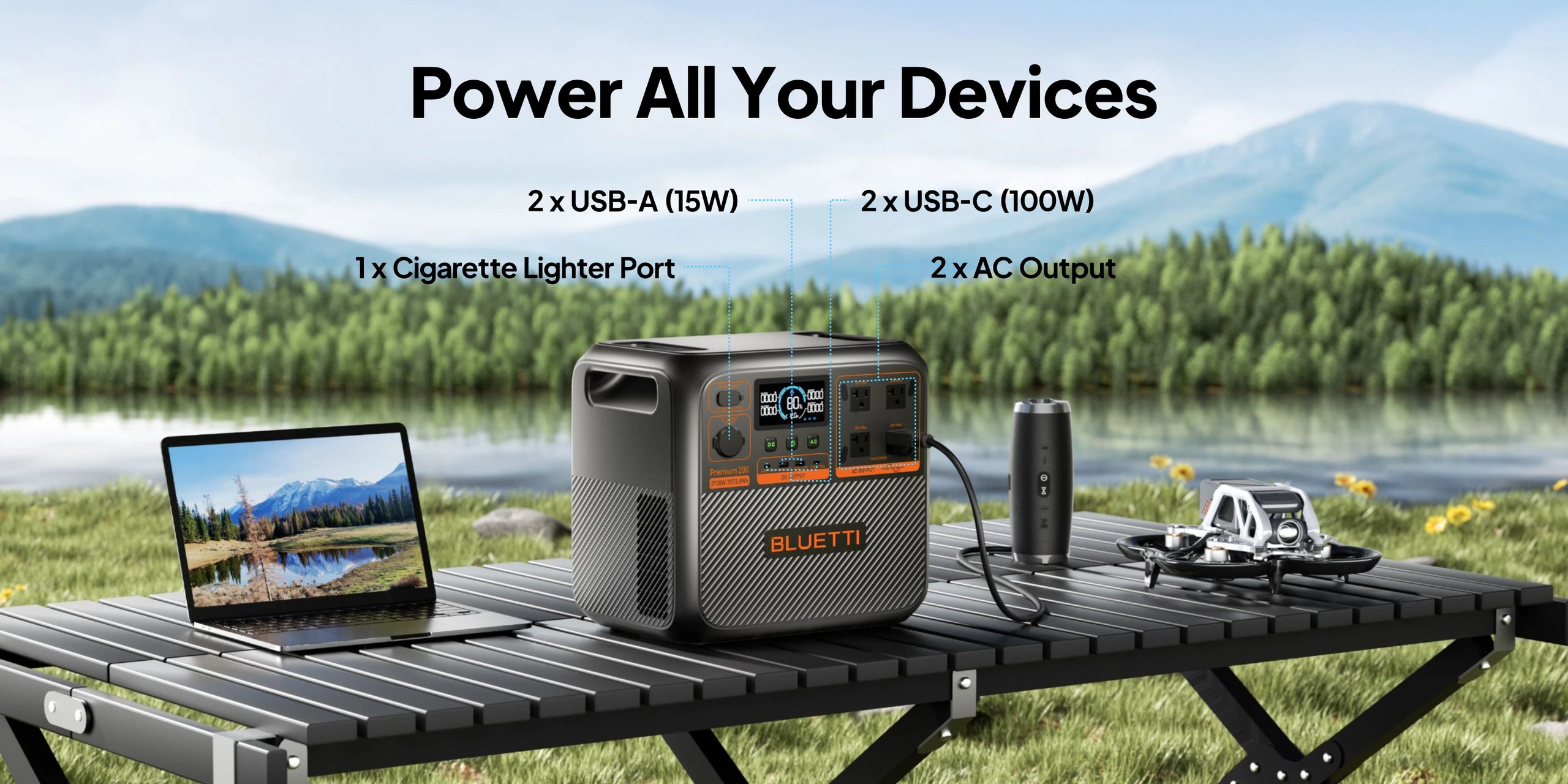 BLUETTI Premium 200 V2 output ports powering multiple devices