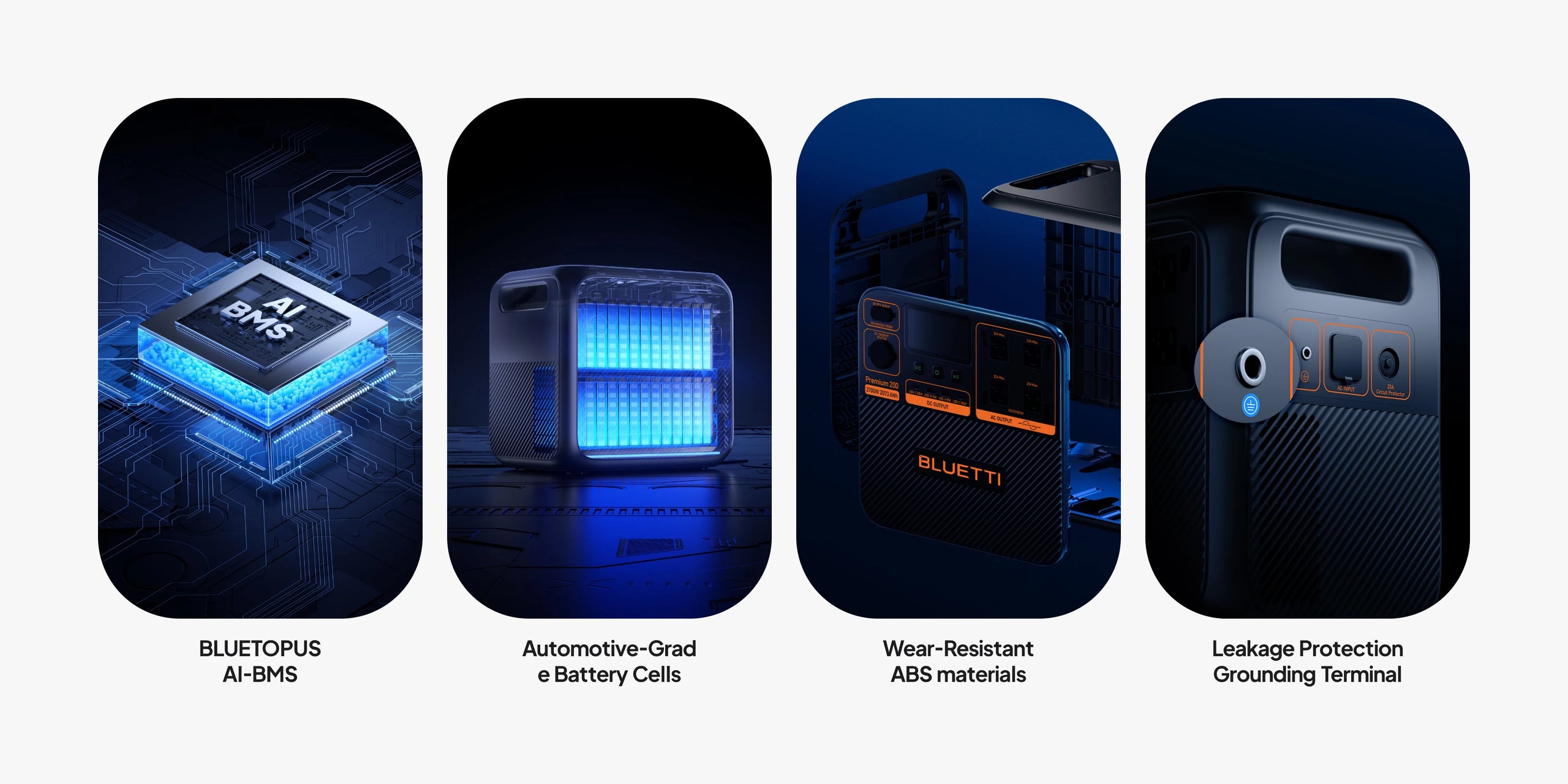 BLUETTI Premium 200 V2 AI-BMS, battery cells, ABS materials, and grounding protection features