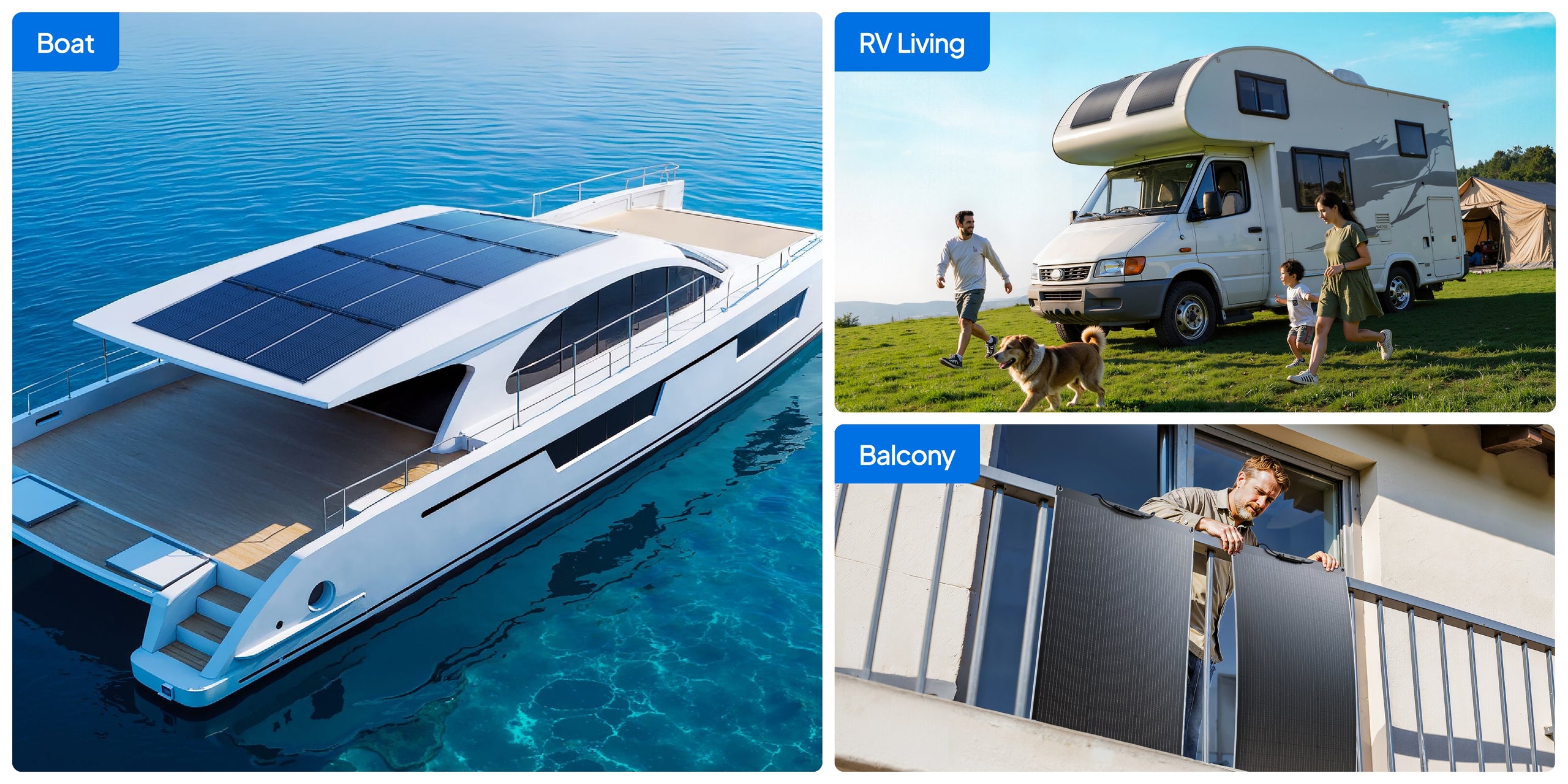 BLUETTI PV100 FX flexible solar panel shown on a boat and outdoor setups