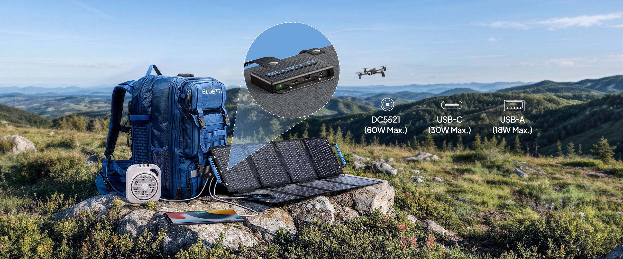 BLUETTI SORA 60 solar panel powering multiple outdoor devices