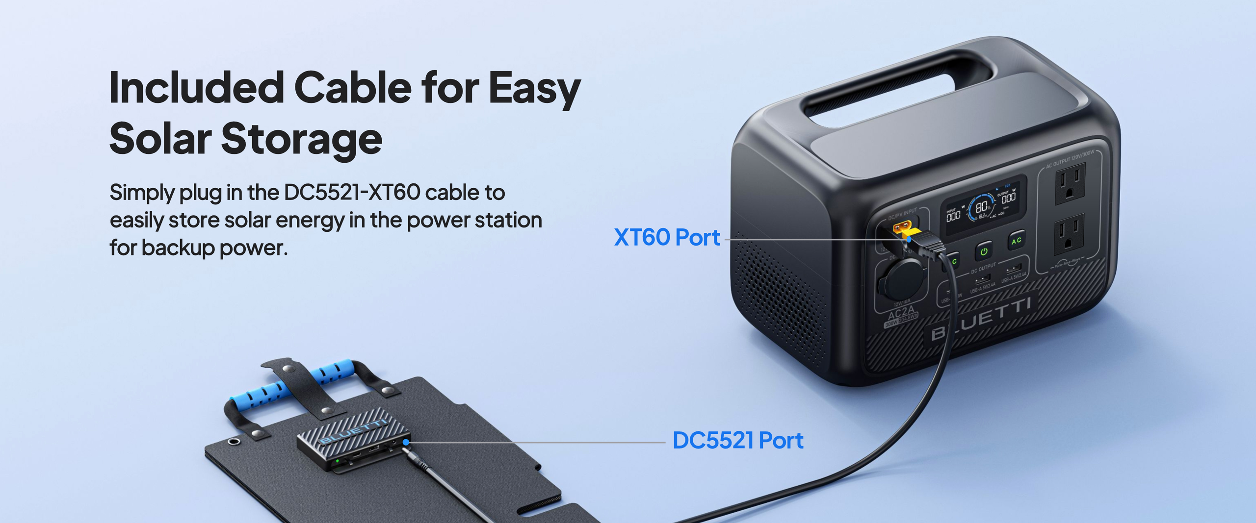 BLUETTI SORA 60 included cable connected to a compatible power station