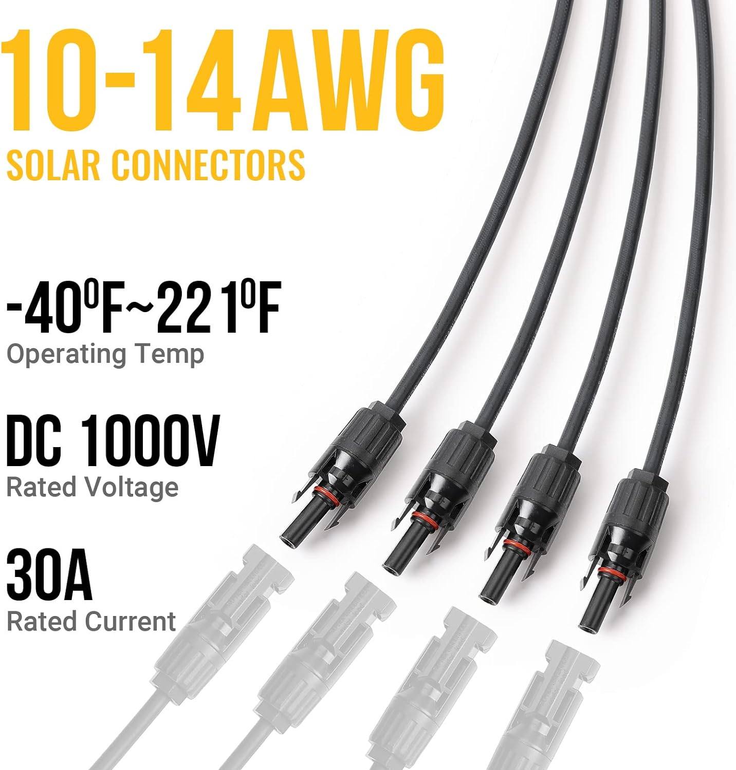 BougeRV 4-to-1 connector showing 30 amp, 1000 volt DC and 10 to 14 AWG ratings