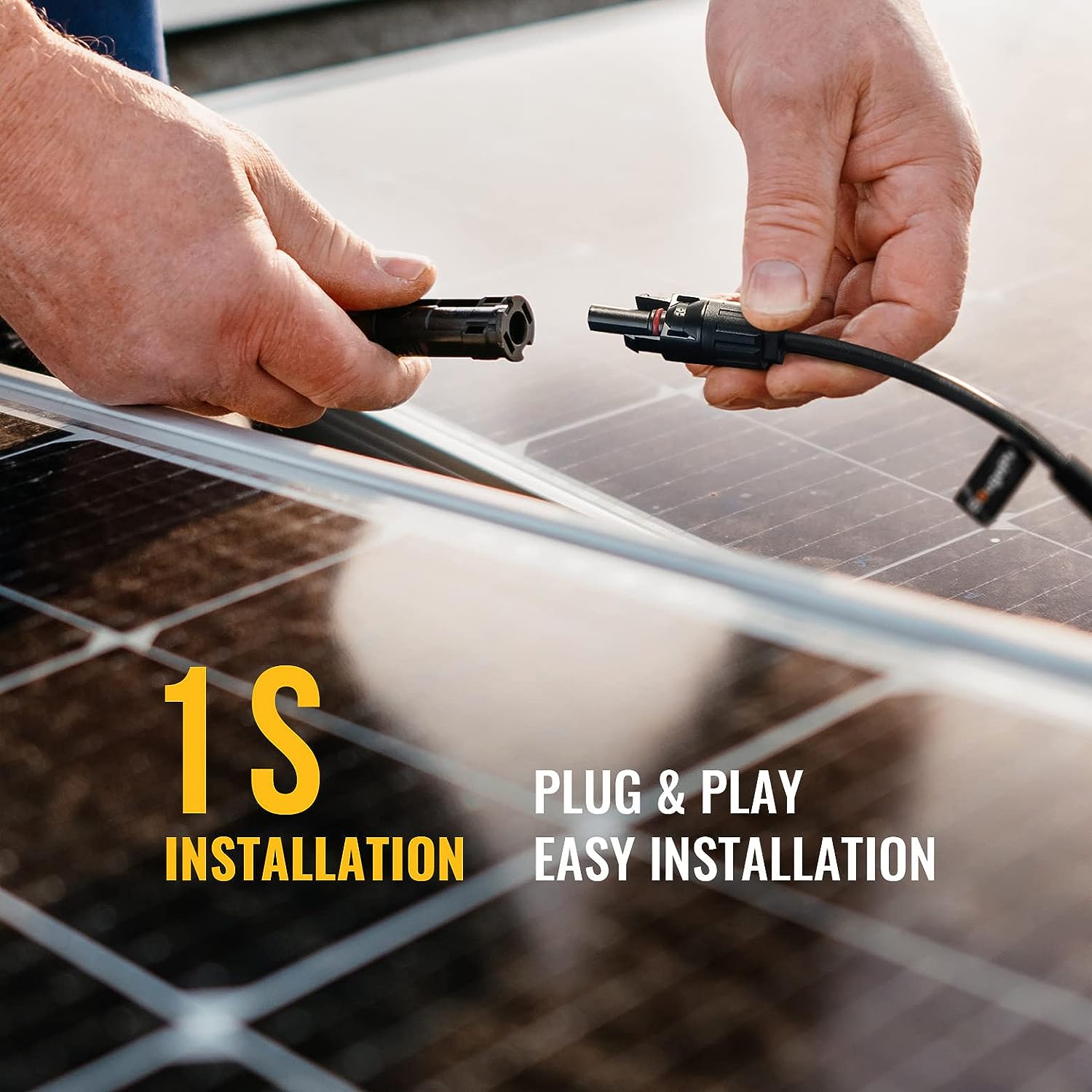 Hands connecting a BougeRV solar connector to a compatible panel lead