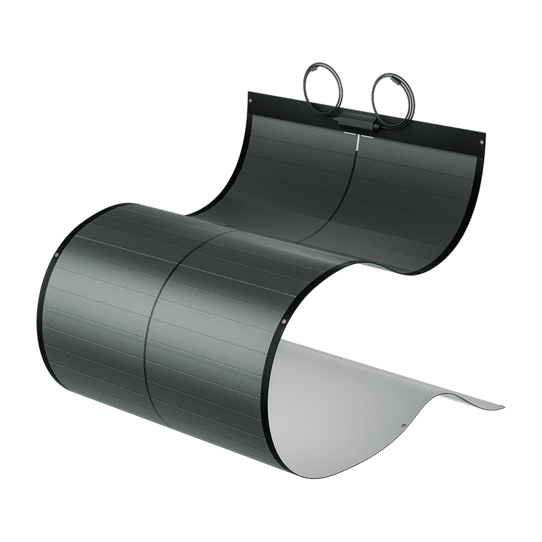 BougeRV Yuma 200W flexible solar panel shown in a curved position