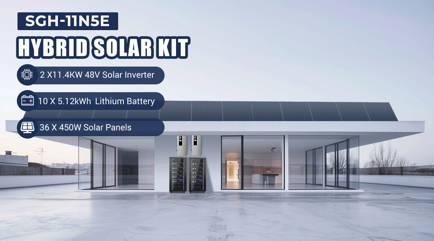 Hybrid Solar Kit 11.4KW 48V Split Phase 51.2 KWH Lithium Battery 36 X 450 Watt Solar Panel SGH-11N5E