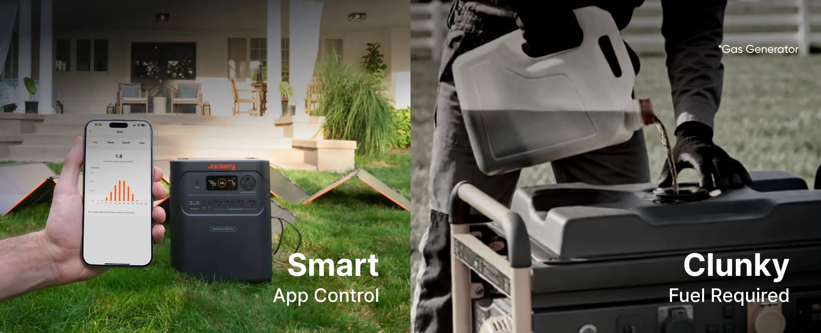 Jackery HomePower 3600 Plus smart app control compared to fuel-required gas generator