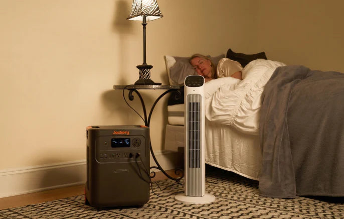 Jackery HomePower 3600 Plus powering a bedroom fan and lamp at night