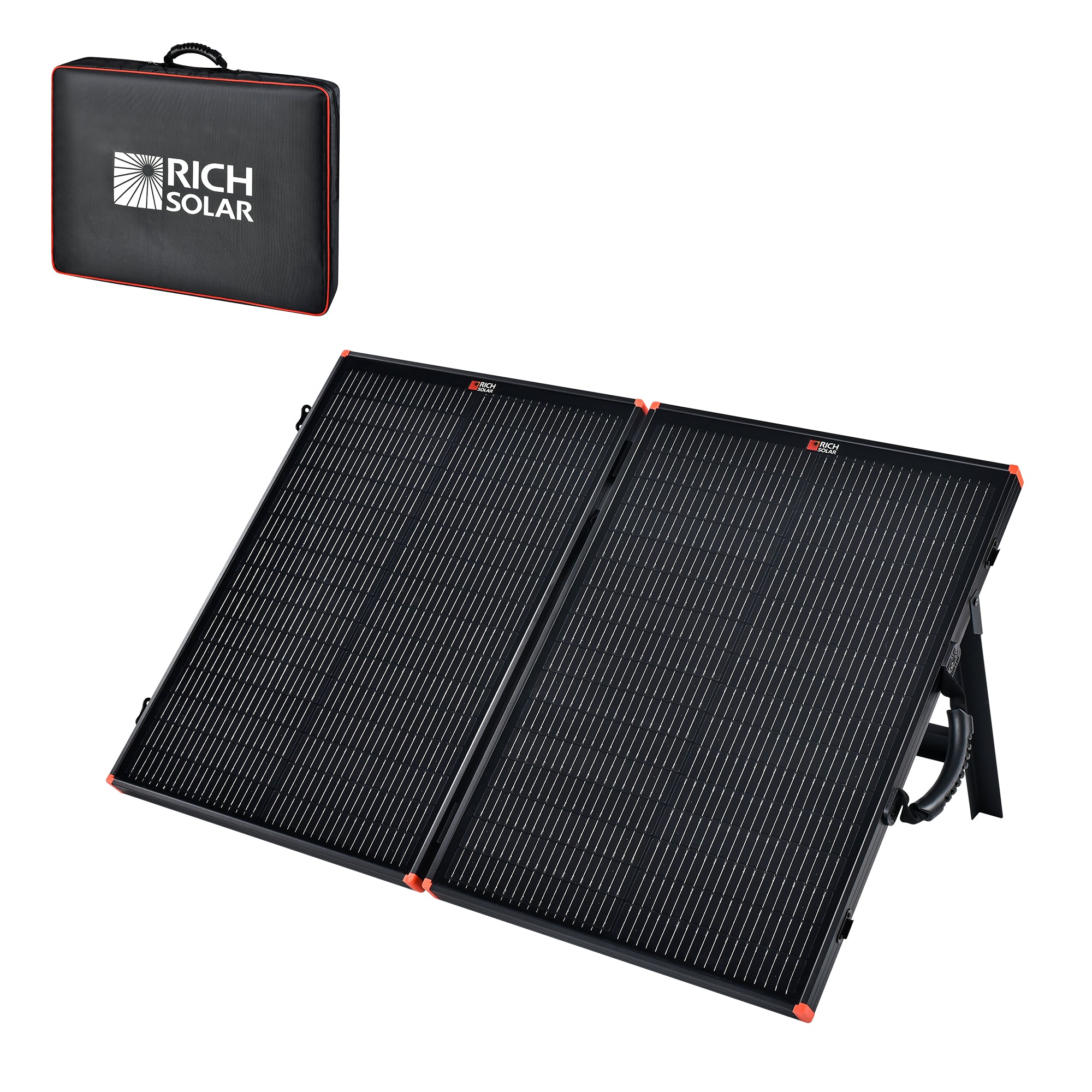Rich Solar MEGA 100 Portable Briefcase 100W 12V solar panel open and deployed with kickstand