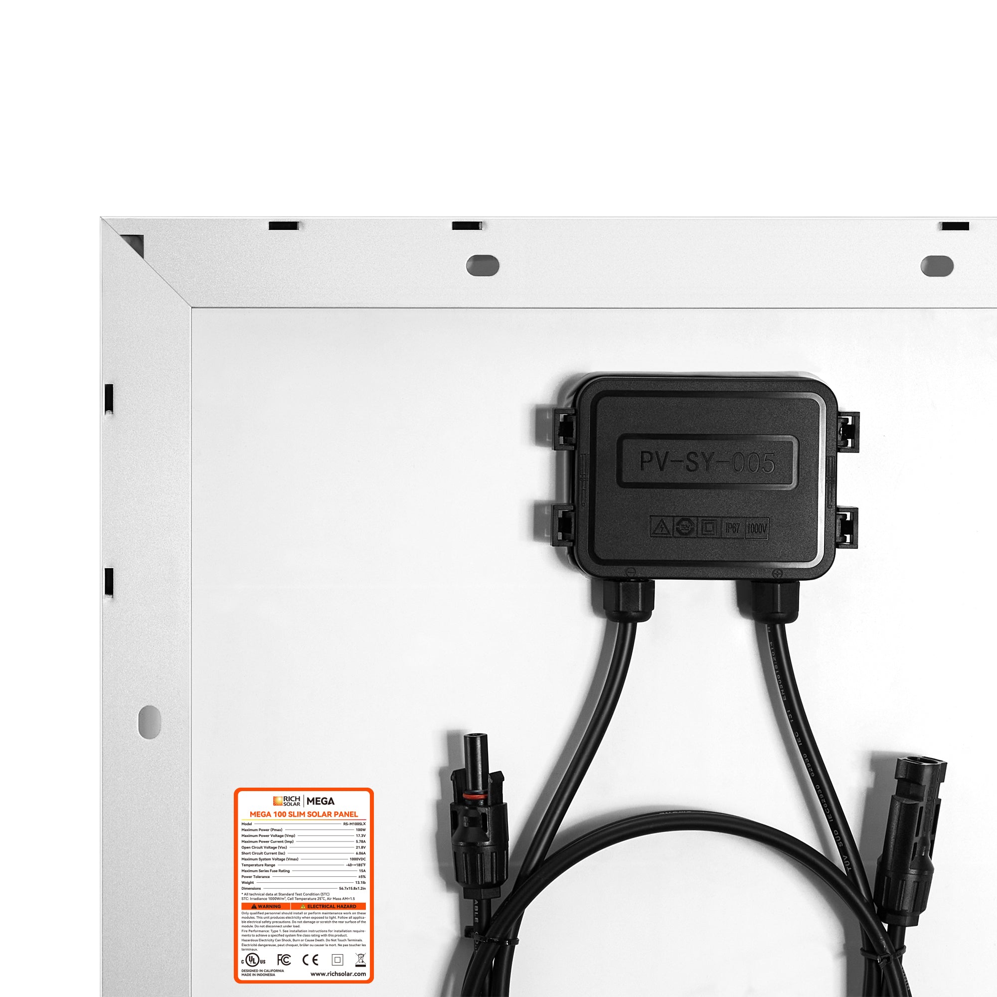 Rich Solar MEGA 100 SLIM SLX IP67 junction box and MC4 connector detail