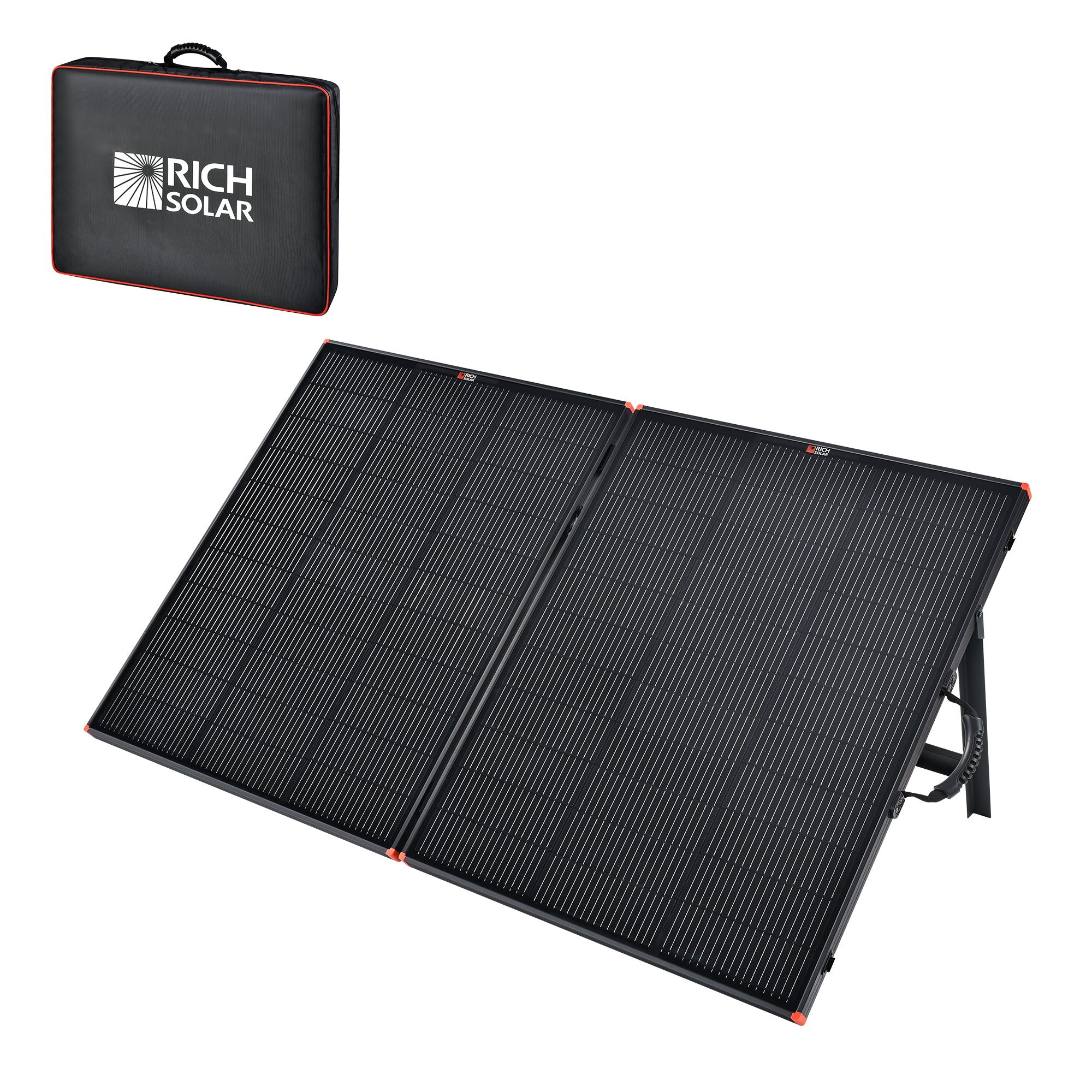 Rich Solar MEGA 200 Portable Briefcase 200W 12V solar panel open and deployed