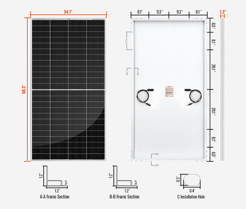 Rich Solar MEGA 335 PRO solar panel dimensions and mounting layout