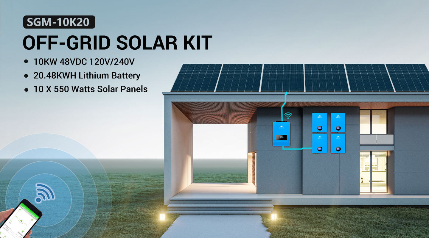 OFF GRID SOLAR KIT 10 X 550 WATTS SOLAR PANELS 4 X 5.12KWH POWERWALL LITHIUM BATTERY 10KW SOLAR INVERTER 48VDC 120V/240V SGM-10K20