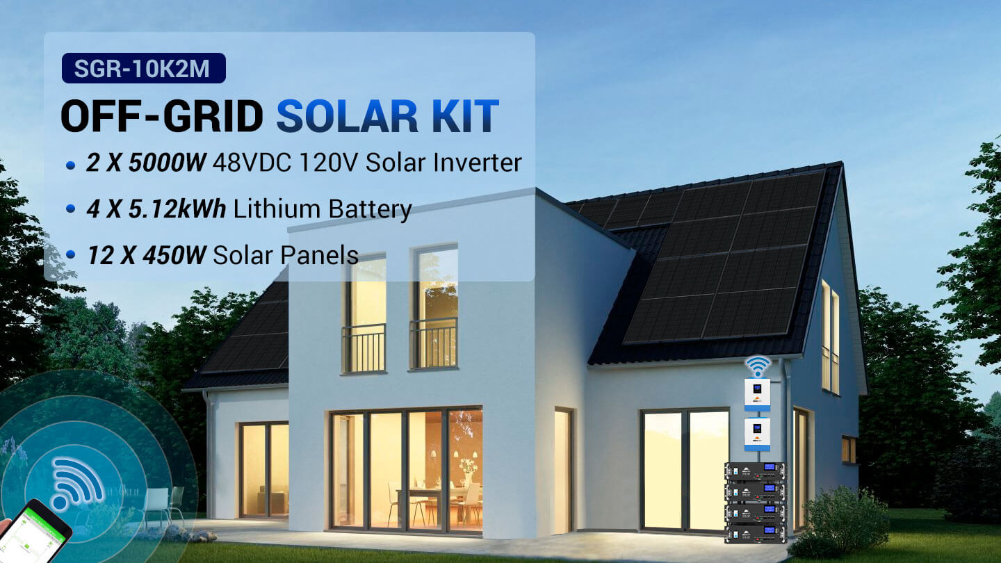 Off Grid Solar Kit 10000W 48VDC 120V/240V LifePO4 20.48KWH Lithium Battery 12 X 450 Watts Solar Panels SGR- 10K2M