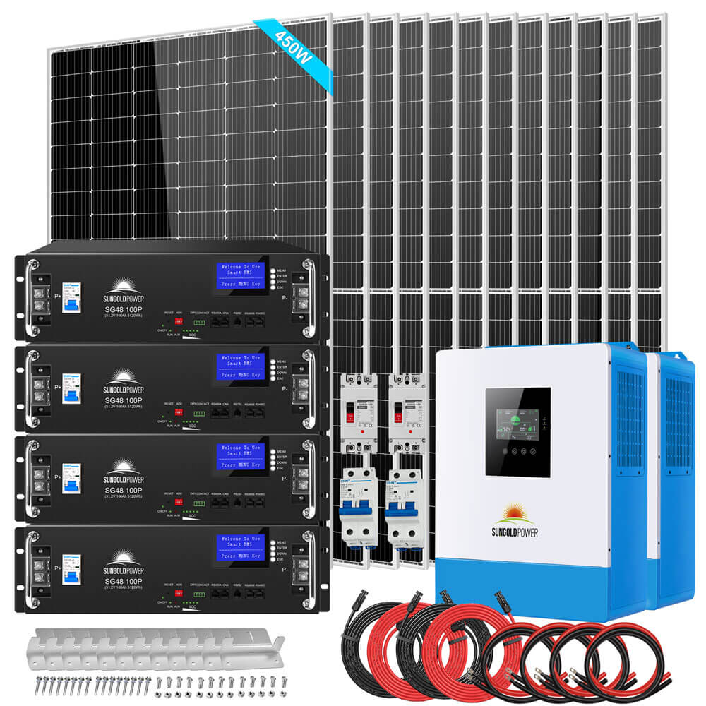 Off Grid Solar Kit 10000W 48VDC 120V/240V LifePO4 20.48KWH Lithium Battery 12 X 450 Watts Solar Panels SGR- 10K2M