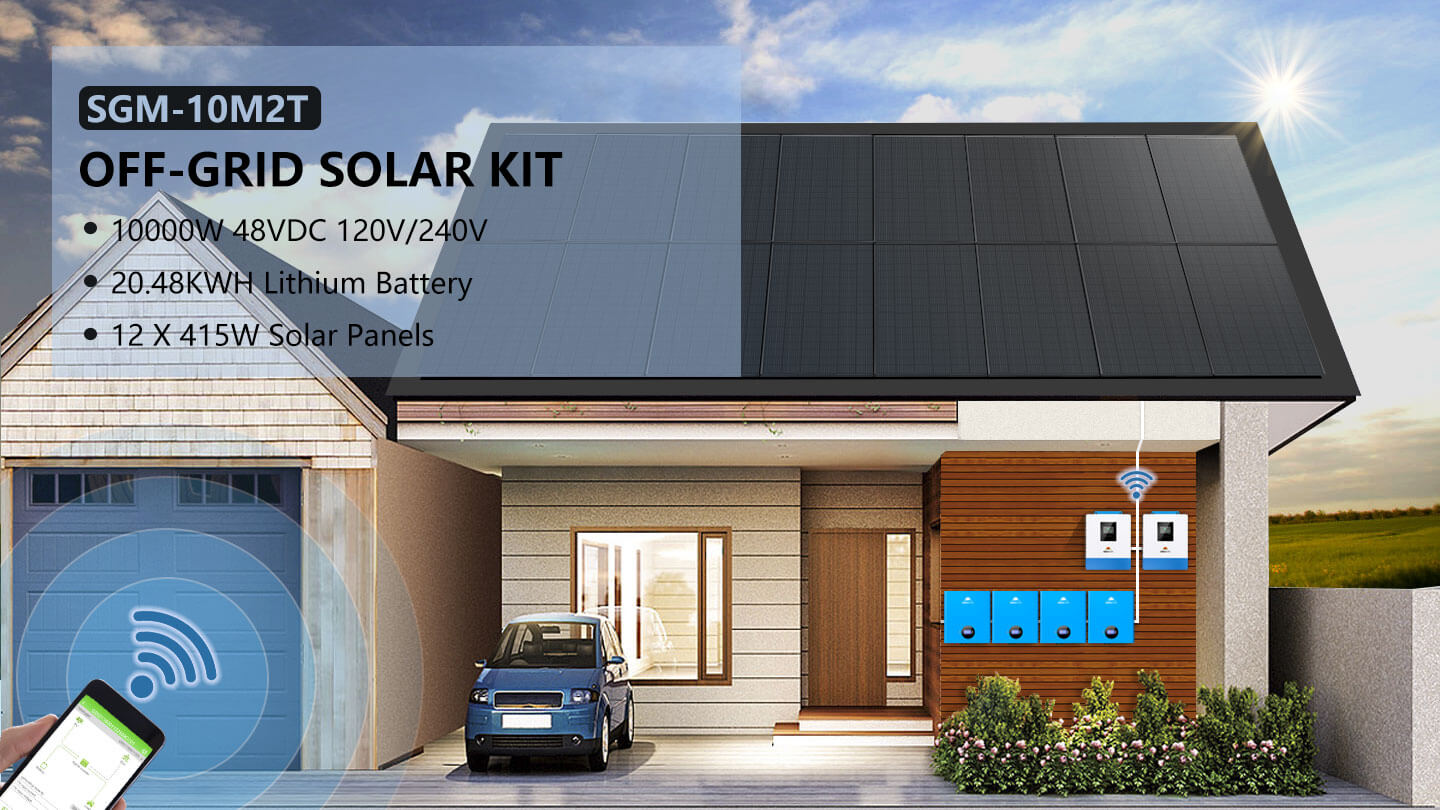 Off Grid Solar Kit 10000W 48VDC 120VAC/240V 20.48KWH Powerwall Lithium Battery 12 X 415 Watts Solar Panels SGM-10M2T