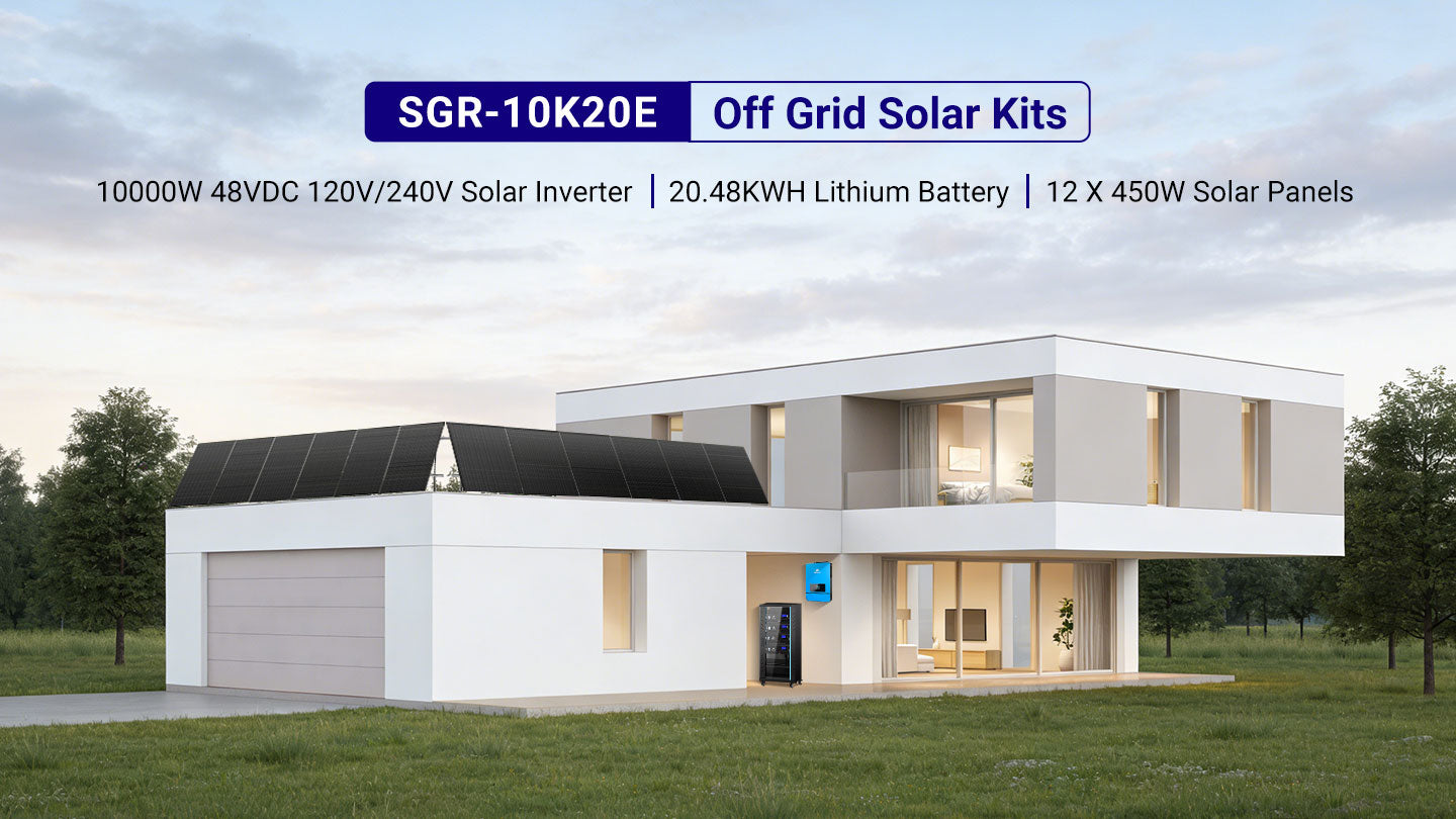 Off-Grid Solar Kit 10KW 48VDC 120V/240V LiFePO4 20.48KWH Lithium Battery 12 X 450 Watts Solar Panels SGR-10K20E