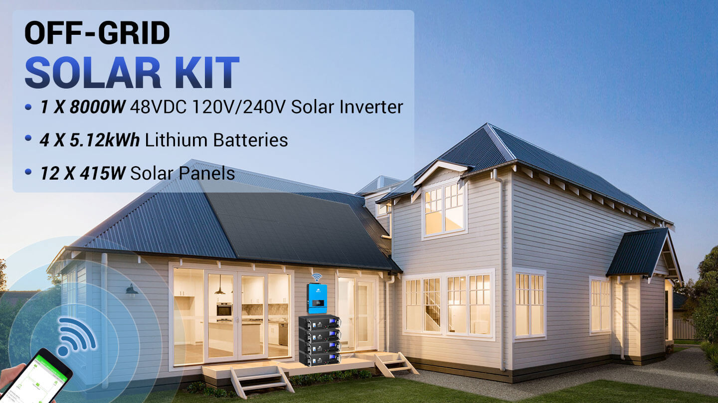 OFF GRID SOLAR KIT 12 X 415 WATTS SOLAR PANELS 4 X 5.12KWH LITHIUM BATTERY 8000W SOLAR INVERTER 48VDC 120V/240V SGM-8K20