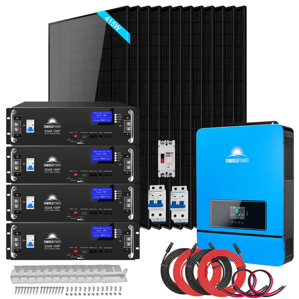 OFF GRID SOLAR KIT 12 X 415 WATTS SOLAR PANELS 4 X 5.12KWH LITHIUM BATTERY 8000W SOLAR INVERTER 48VDC 120V/240V SGM-8K20