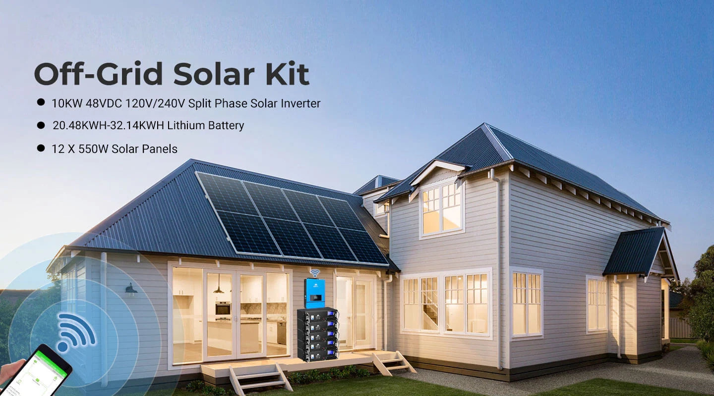 OFF GRID SOLAR KIT 12 X 550 WATTS SOLAR PANELS 20.48KWH-25.6KWH LITHIUM BATTERY 10KW SOLAR INVERTER 48VDC 120V/240V SGR-10K25S