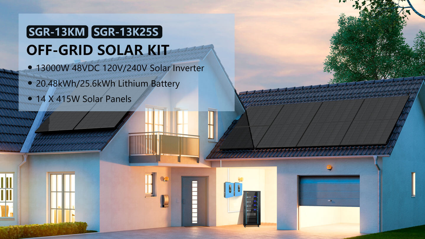 Off-Grid Solar Kit 13000W 48VDC 120V/240V LiFePO4 20.48KWH Lithium Battery 14 X 415 Watts Solar Panels SGR- 13KM