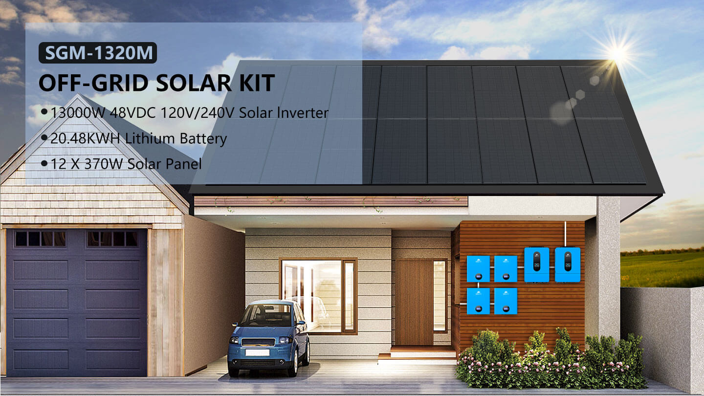 Off-Grid Solar Kit 13000W 48VDC 120VAC/240V 20.48KWH PowerWall Lithium Battery 12 X 370 Watts Solar Panels SGM-1320M