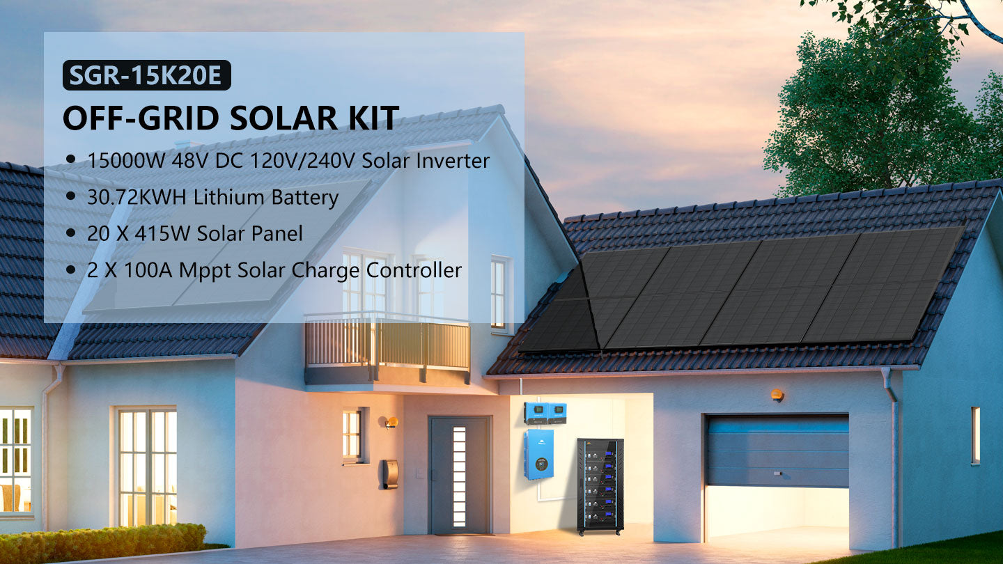 Off-Grid Solar Kit 15000W 48VDC 120V/240V LiFePO4 30.72KWH Lithium Battery 20 X 415 Watts Solar Panels SGR- 15K20E