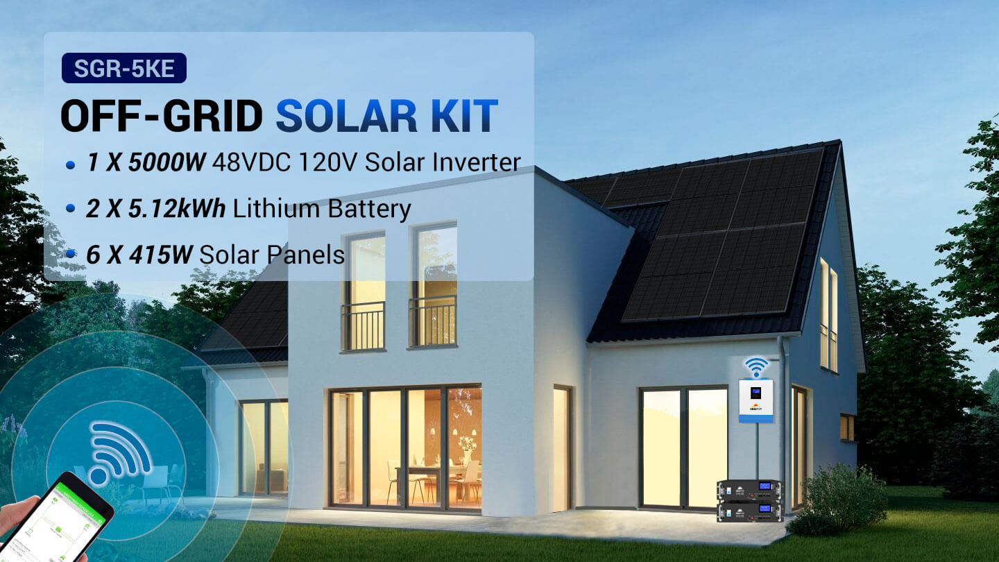 Off-Grid Solar Kit 5000W 48VDC 120V LiFePO4 10.24KWH Lithium Battery 6 X 415 Watts Solar Panels SGR- 5KE