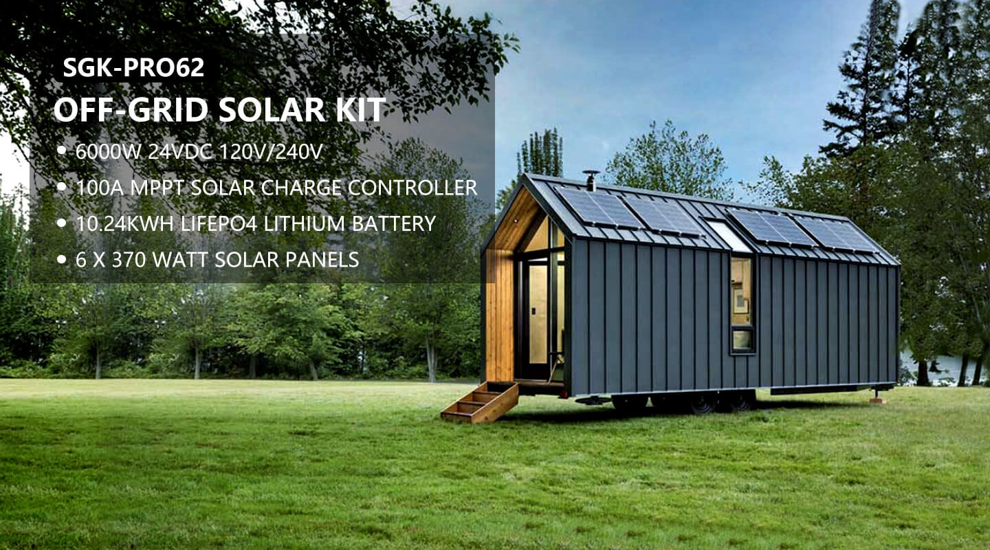 Off Grid Solar Kit 6000W 24VDC 120V/240V LiFePO4 10.24KWH Lithium Battery 6 X 370 Watt Solar Panels SGK- PRO62