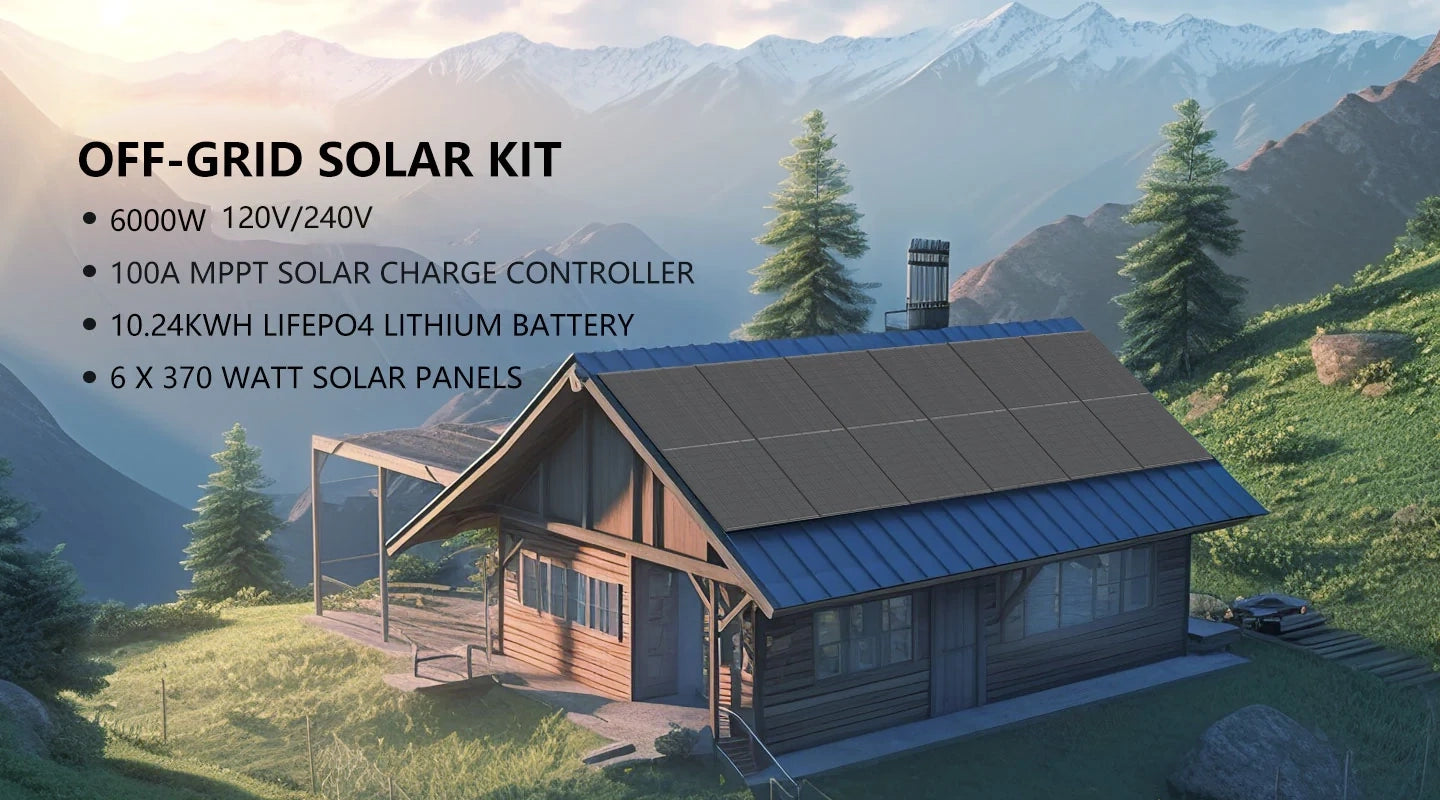 Off Grid Solar Kit 6000W 48VDC 120V/240V LifePO4 10.24KWH Lithium Battery 6 X 370 Watt Solar Panels SGK- PRO64