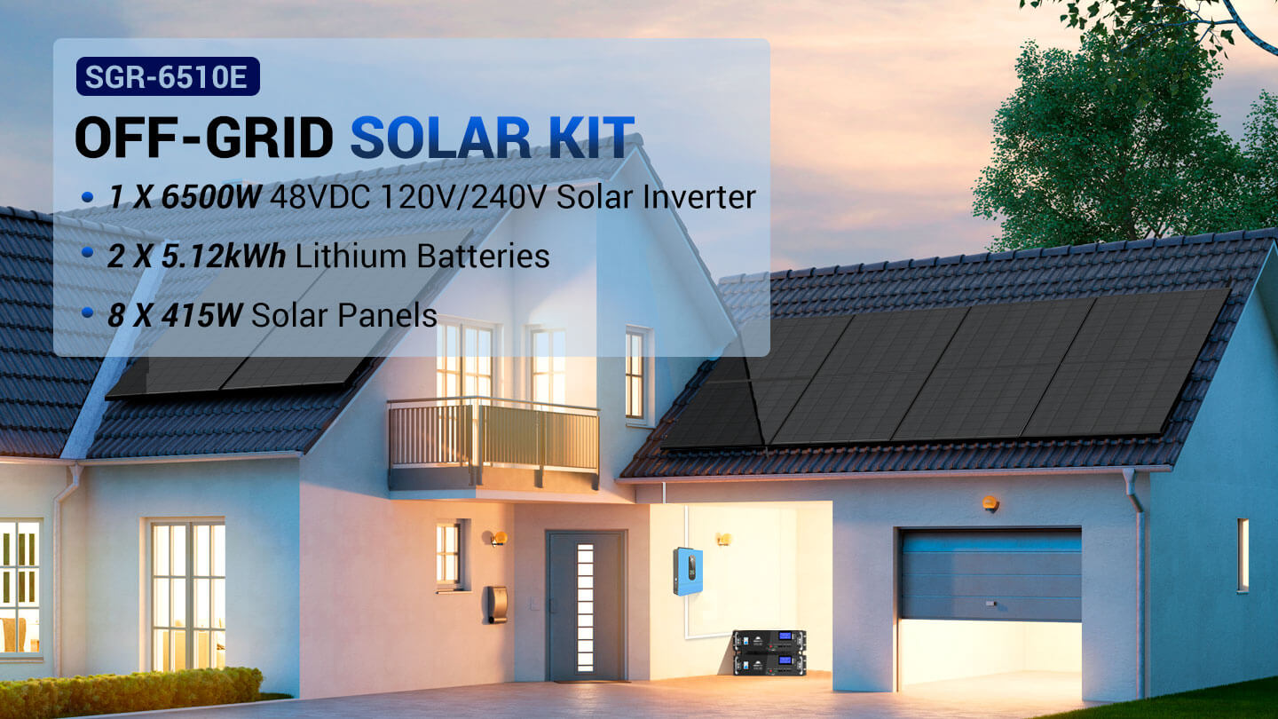 Off-Grid Solar Kit 6500W 48VDC 120/240VAC LiFePO4 10.24KWH Lithium Battery 8 X 415W Solar Panels SGR-6510E