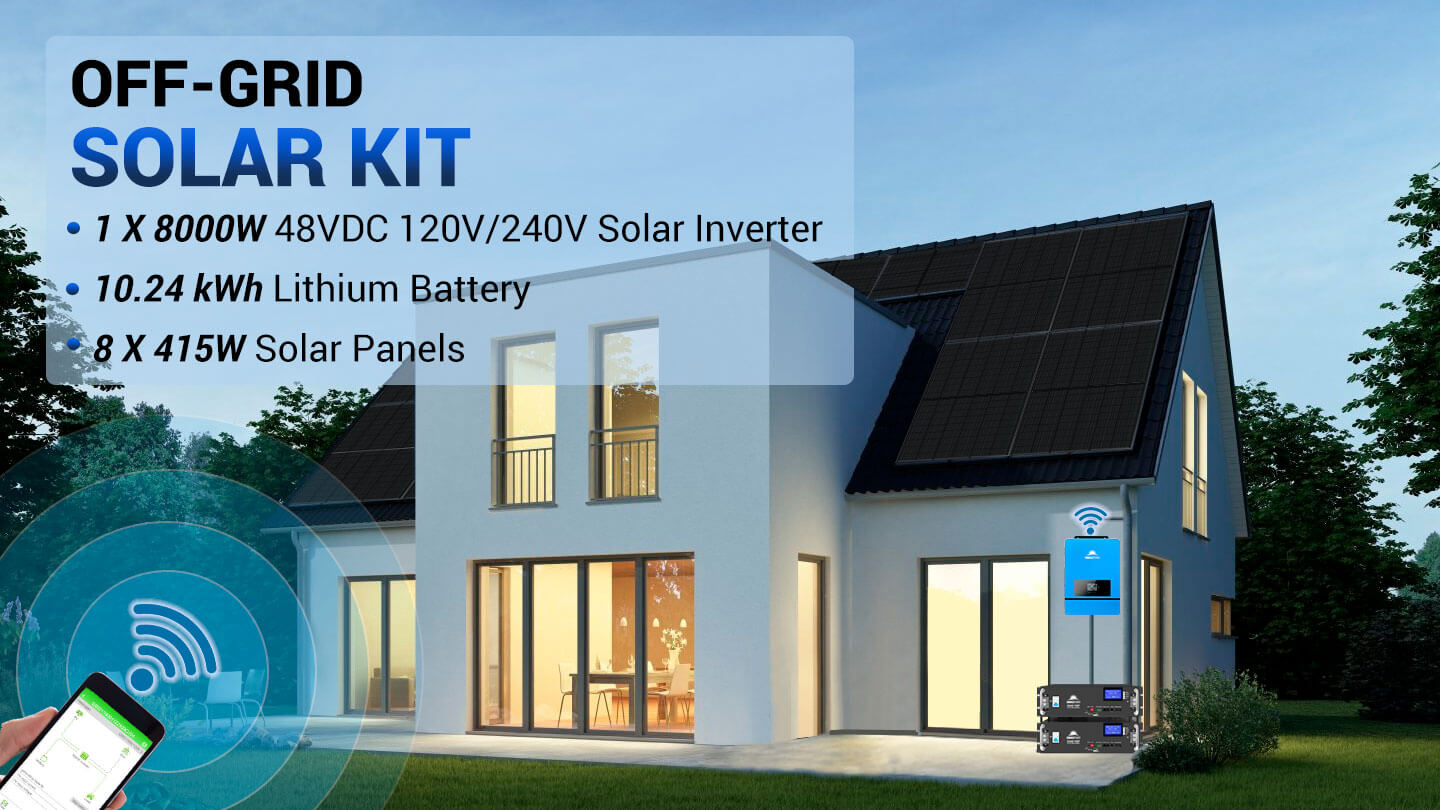 Off-Grid Solar Kit 8000W 48VDC 120V/240V LiFePO4 10.24KWH Lithium Battery 8 X 415 Watts Solar Panels SGR- 8K10E