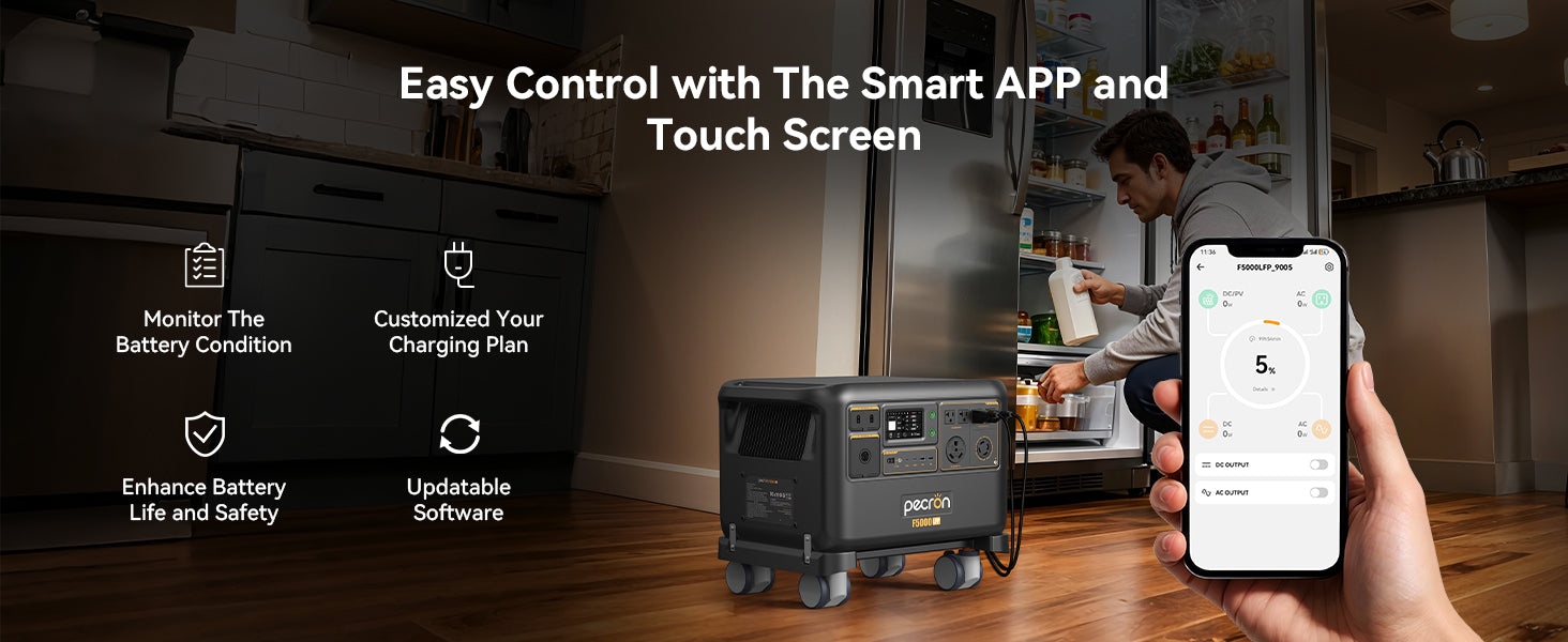 PECRON F5000LFP smart app and touchscreen monitoring controls