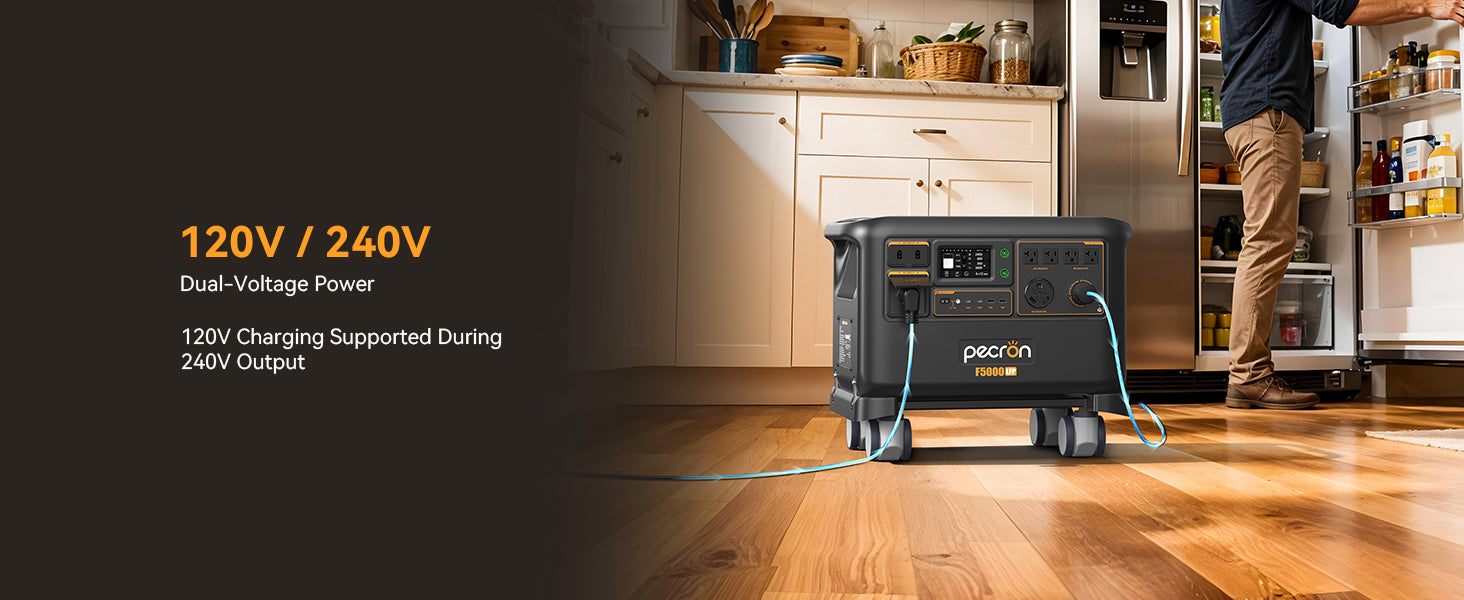 PECRON F5000LFP providing 120V and 240V dual-voltage backup power in a kitchen