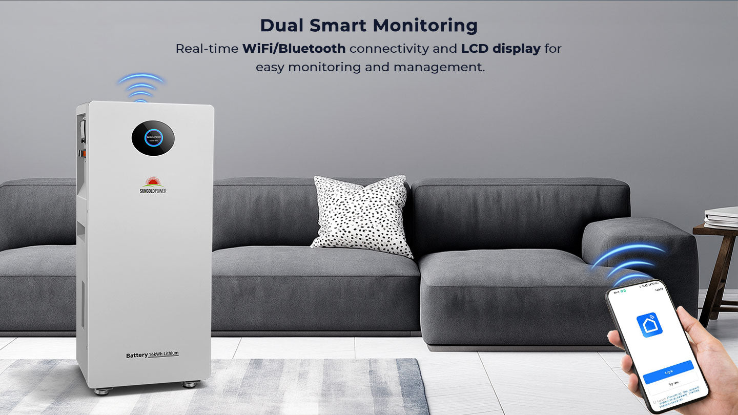 SunGoldPower PowerMax 314Ah outdoor battery with WiFi Bluetooth monitoring and LCD display
