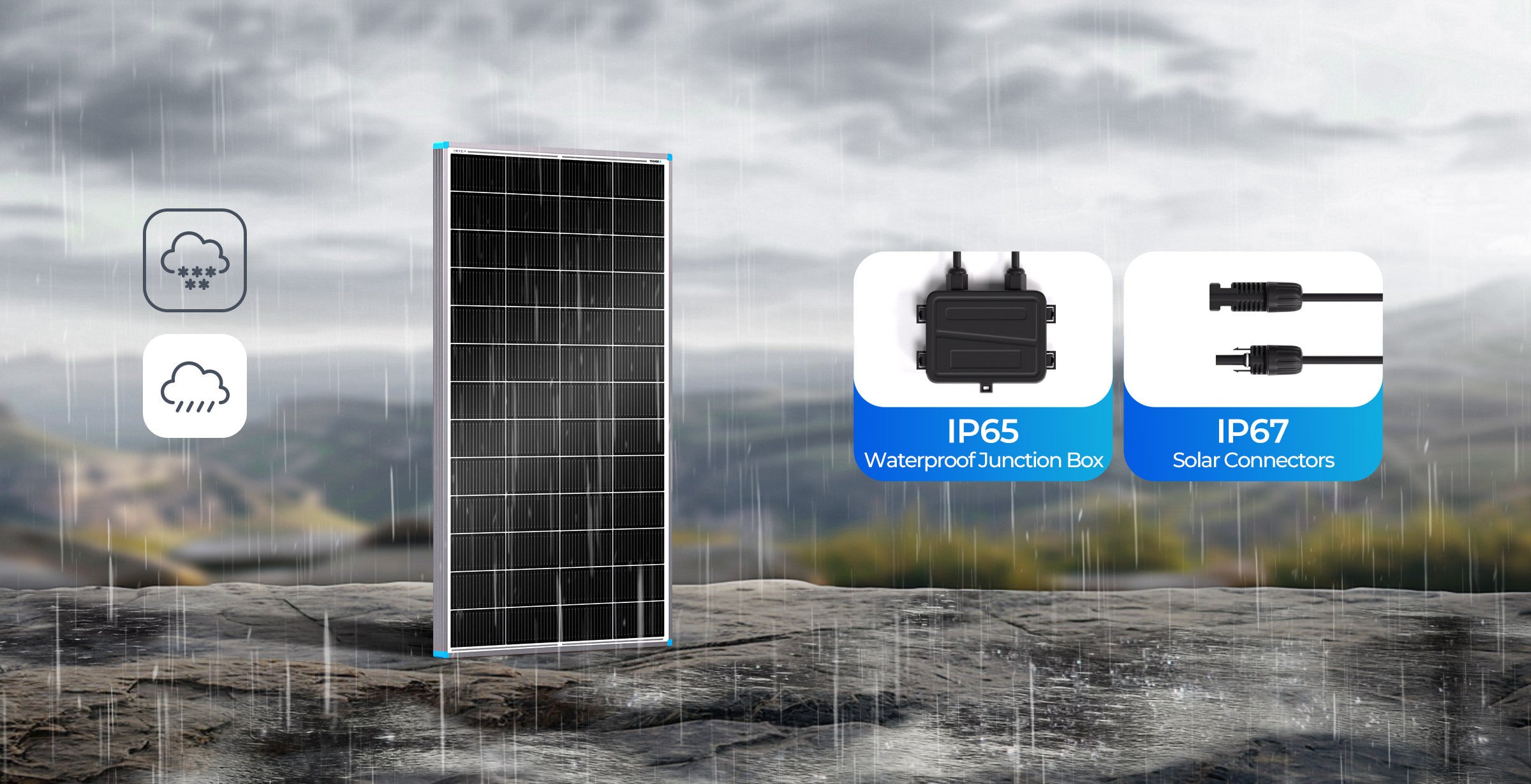 Renogy N-Type solar panel IP65 junction box and IP67 connector protection