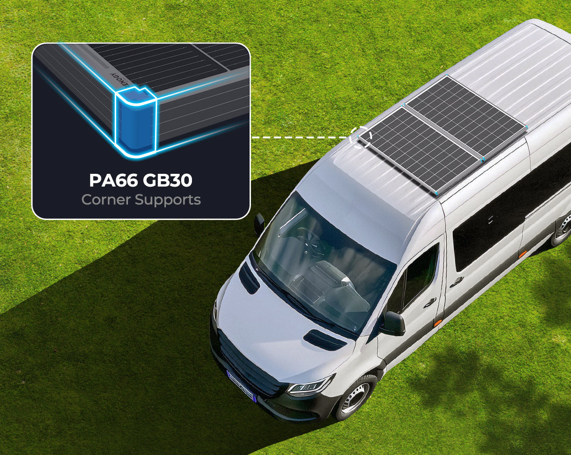 Renogy N-Type solar panel reinforced corner support on a van roof
