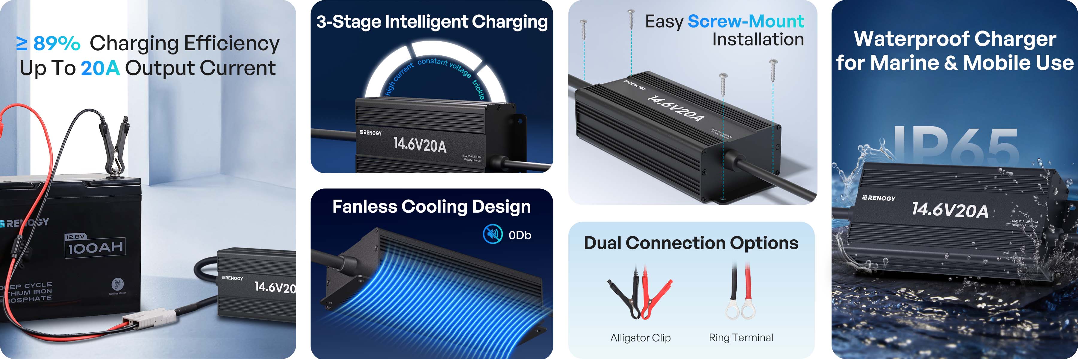 Renogy 12V 20A AC-DC LFP portable battery charger overview