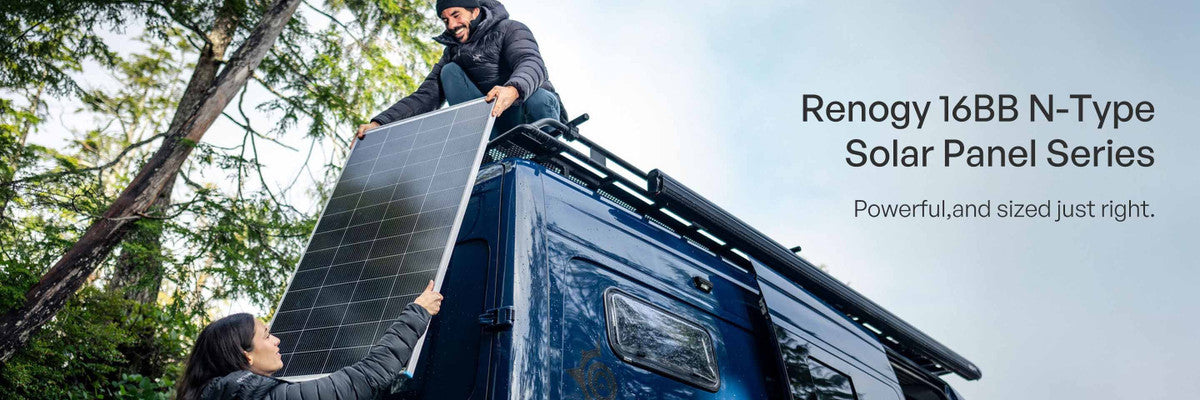 Renogy 16BB N-Type rigid solar panel series mounted on a vehicle
