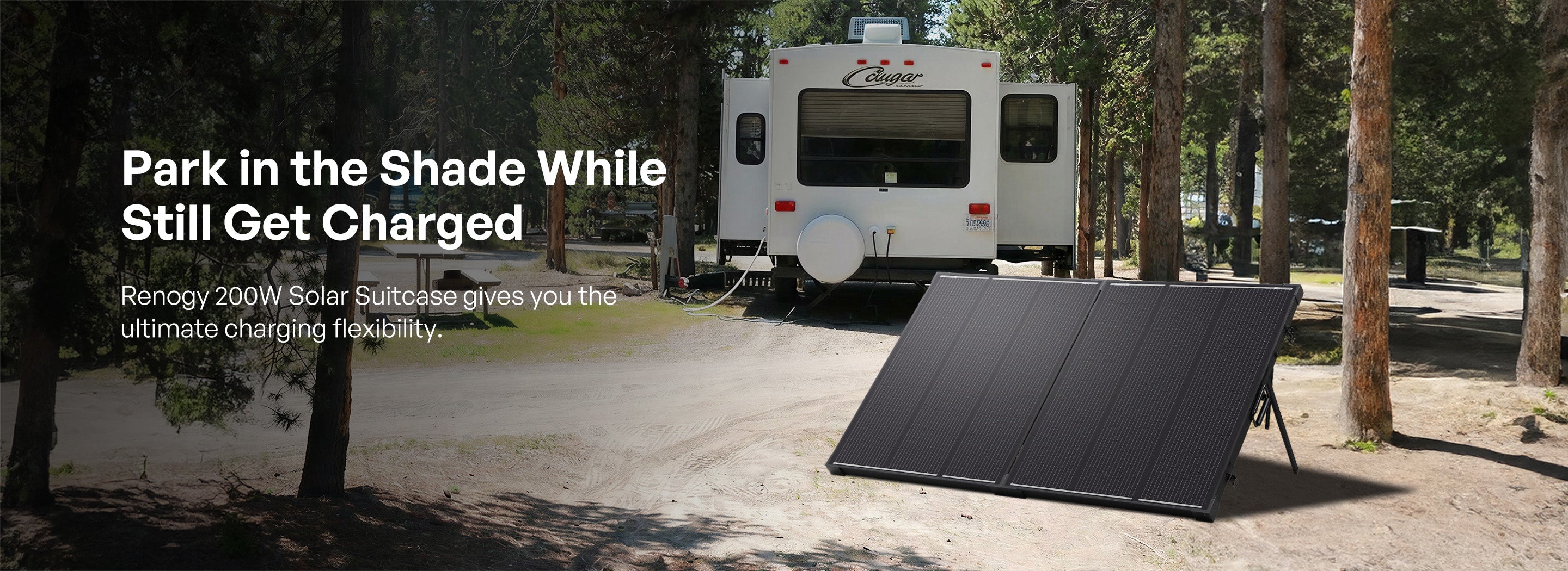 Renogy 200W N-Type portable solar panel suitcase kit beside an RV