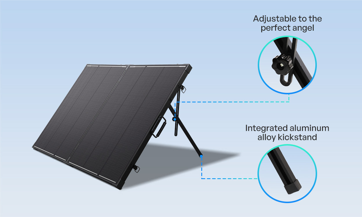 Renogy 200W solar suitcase adjustable aluminum kickstand detail